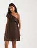 PIECES one shoulder frill trim mini dress in coffee brown