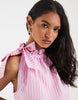 PIECES high neck bow mini dress in pastel pink stripe