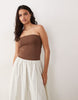 YAS bandeau contrast pinstripe maxi dress in brown and white
