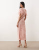 Hope & Ivy satin jacquard lace trim tie sleeve midi dress in pink