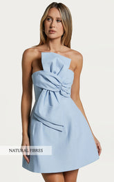 Chika Mini Dress - Linen Strapless Front Bow Dress in Pale Blue