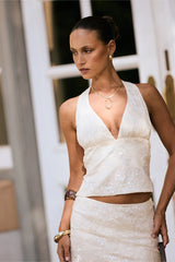 Luck & Trouble Isabel Sequin Halter Top Cream