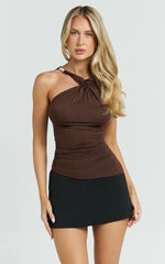 Yonca Top - Twist Asymmetrical Top With Gold Hardware Trim in Chocolate
