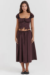 rich brown gathered midi skirt