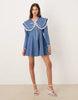 Sister Jane pure cotton oversized collar mini dress with bow in blue denim