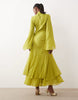 long sleeve high neck maxi dress with ruffle godets and flute sleeves in olive green