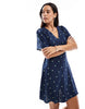 Vero Moda button up mini skater dress with lemon print in navy