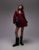 balloon sleeve structured mini skater dress in burgundy