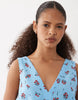 cotton linen v neck smock mini dress in blue floral