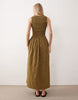 crinkle scoop neck midaxi sundress with shirred waist in tonal olive gingham