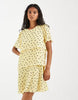 PIECES textured tiered mini dress in yellow and brown polka dot print