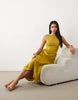 satin high neck drape skirt maxi dress in golden olive