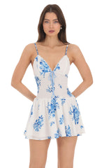 Blue Floral Smocked Ruffle Dress in White