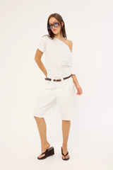 Motel Low Rise Denim Skater Shorts True White