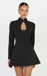 Renee Mini Dress - Long Sleeve Keyhole Fit and Flare Dress in Black