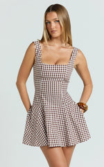 Sophia Mini Dress - Drop Waist Fit And Flare Mini Dress in Chocolate Gingham