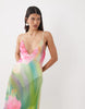 AFRM Rivka printed mesh inbuilt bodysuit detail plunge neck maxi dress in green floral print