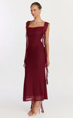 Rosha Midi Dress - Ruffle Strap Dress in Wine