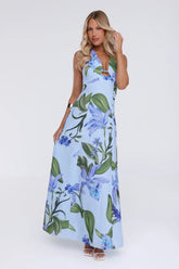 Fleur Flicker Halter Maxi Dress Blue