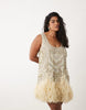 ASOS LUXE Curve embellished scoop neck mini dress with faux feather hem in pale yellow