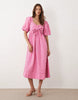 YAS puff sleeve bow front textured midi dress in pink