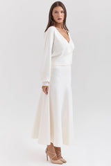 ivory wool mix flared midi skirt