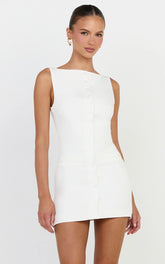 Adela Mini Dress - Mock Button Thru Boat Neck Dress in White