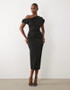 asymmetric off shoulder midi dress in black scuba-style fabric