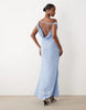 Oh Polly chiffon asymmetric one shoulder thigh high split maxi dress in blue polka dot