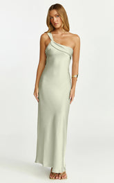 Calix Midi Dress - One Shoulder Slip Dress in Light Olive