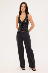 Luck & Trouble Freja Sequin Halter Top Black