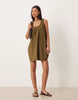 ruched neck mini sundress in olive performance fabric