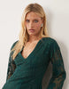 embellished crochet plunge mini dress with long sleeves in green