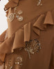 embellished shell midi dress with ruffle detail in gold