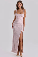baby pink lace mesh maxi dress