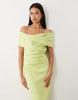 off the shoulder midaxi dress with slit in light green scuba-style fabric