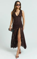 Rosanna Midi Dress - Plunge Lace Fit And Flare Dress in Chocolate