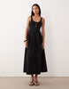 basque waist midi dress with woven skirt in black