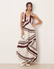 v neck trapeze tiered maxi dress in chocolate and cream stripe