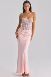 pink lace + satin maxi corset dress