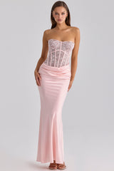 pink lace + satin maxi corset dress