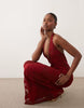 Premium embroidered applique scoop halter maxi dress in red