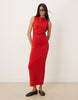 ruched side midi dress with slash neck in red