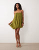 wave textured bubble sweetheart neck mini dress in olive green