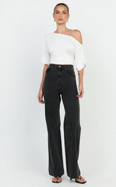 Emman Jeans - High Waisted Cotton Wide Leg Denim Jeans in Black