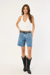One Teaspoon Jacksons Mid Waist Wide Leg Denim Shorts Hoodlum Blue