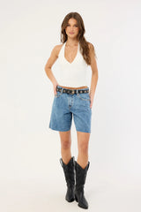 One Teaspoon Jacksons Mid Waist Wide Leg Denim Shorts Hoodlum Blue