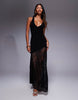 lace mix slinked plunge neck maxi dress with cross back in black