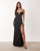 Oh Polly premium satin thigh slit maxi dress with embellished bralette detailing in black