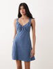 Abercrombie & Fitch cotton blend denim look milkmaid mini dress in blue